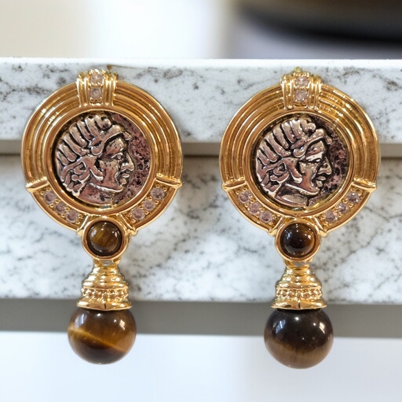 Designer Jewelry - 18k Gold Plated Ancient Coin Tigers Eye Dangle Drop Earrings